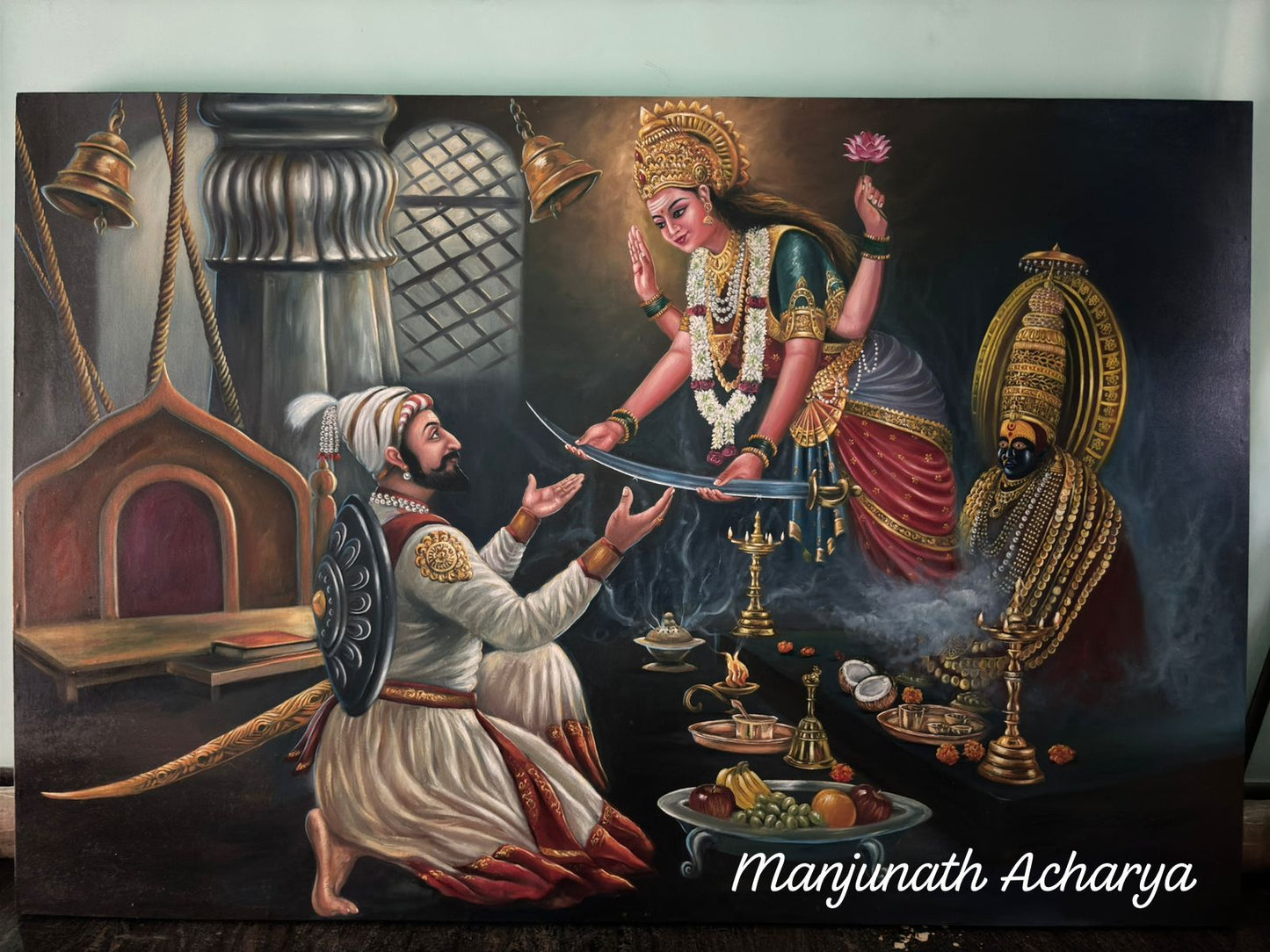 Divine Blessing – Traditional Spiritual Painting of Shivaji Maharaj & Goddess Bhavani