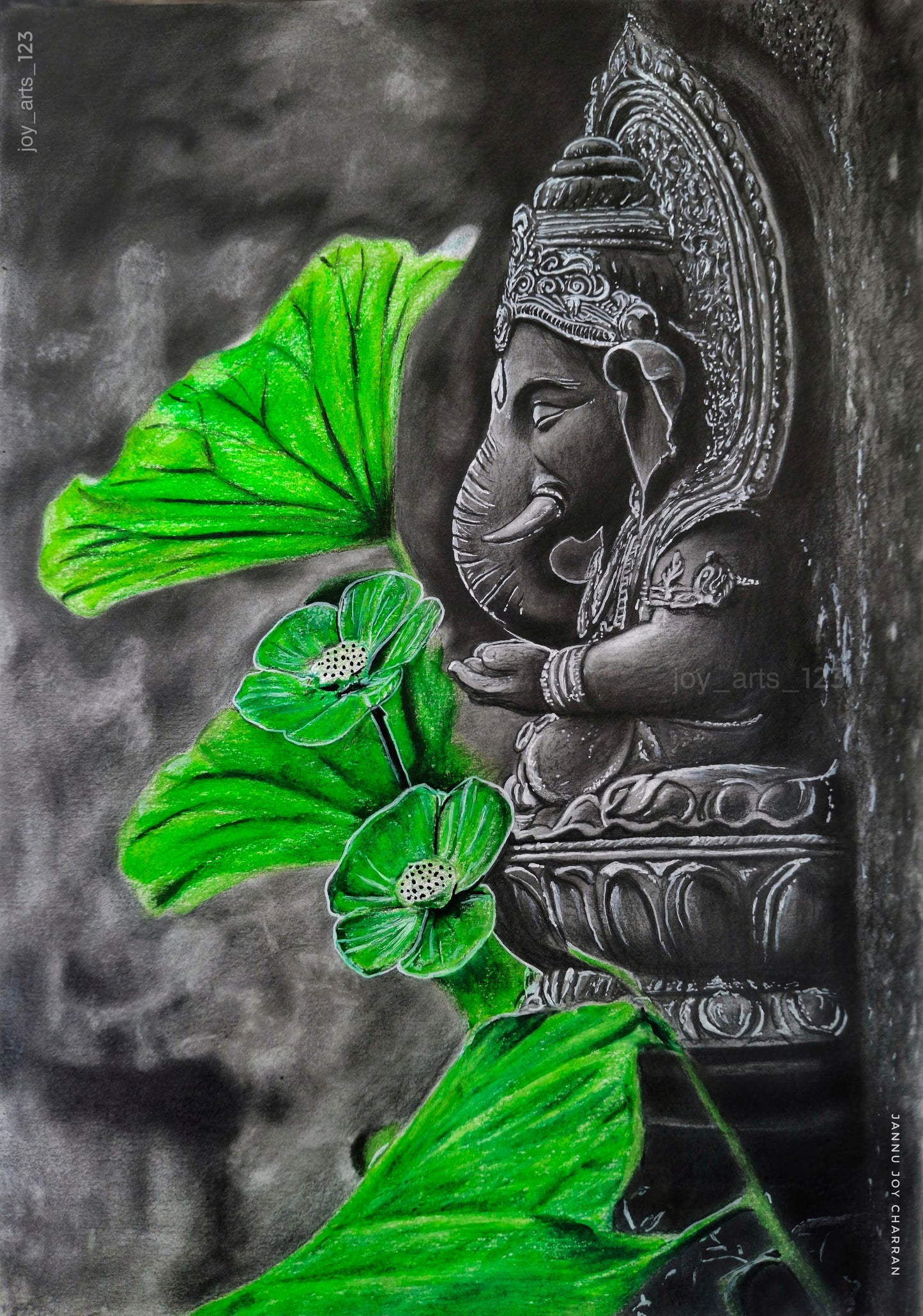 Nature’s Blessing – Lord Ganesha Charcoal Art with Botanical Accents