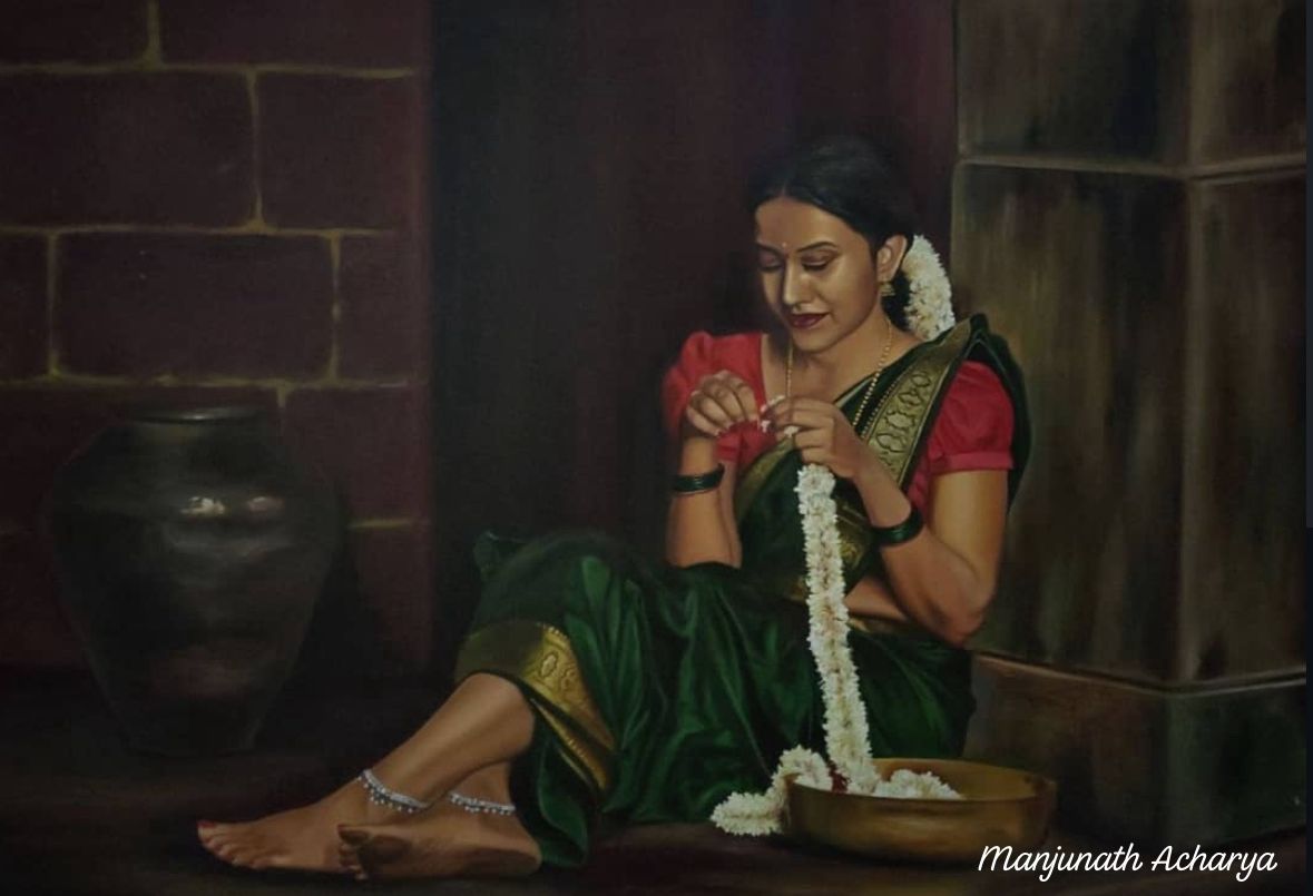 Ethereal Grace – Traditional South Indian Woman Stringing Jasmine Flowers