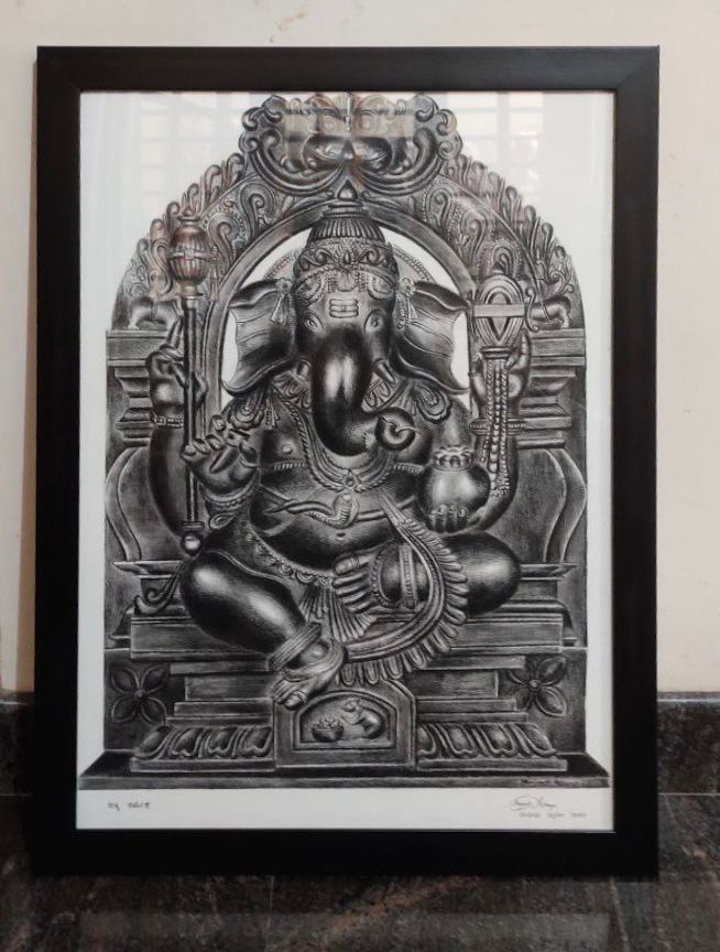 Divine Majesty – Charcoal Sketch of Lord Ganesha in Ornate Temple Frame