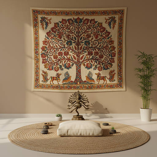 Meditation corner with Kalamkari textile art