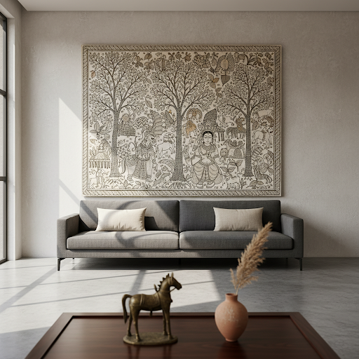 Minimalist interior with Madhubani painting