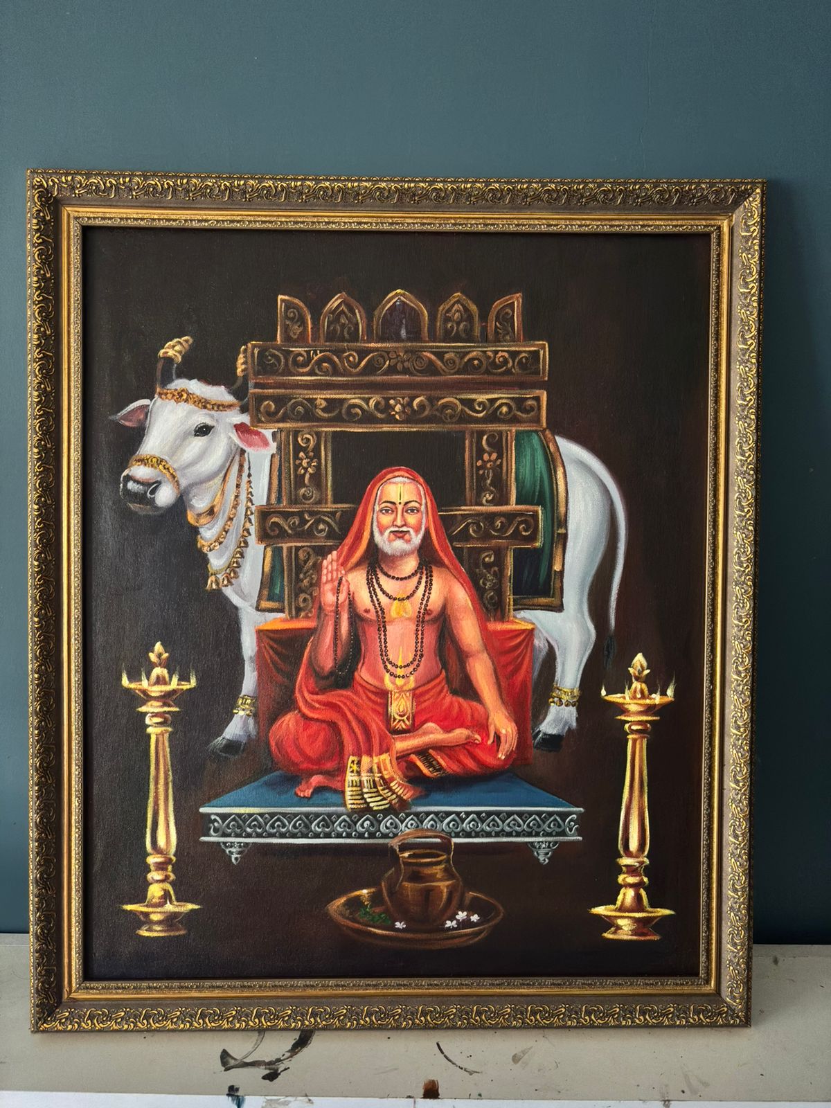 Divine Guru – Traditional Spiritual Painting with Cow and Ornate Frame