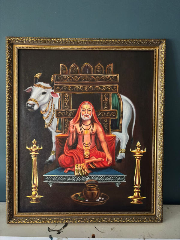 Divine Guru – Traditional Spiritual Painting with Cow and Ornate Frame