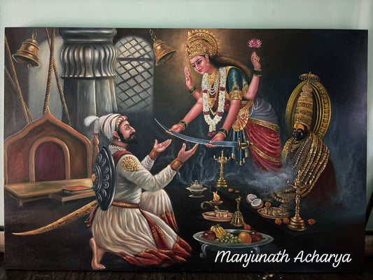 Divine Blessing – Traditional Spiritual Painting of Shivaji Maharaj & Goddess Bhavani