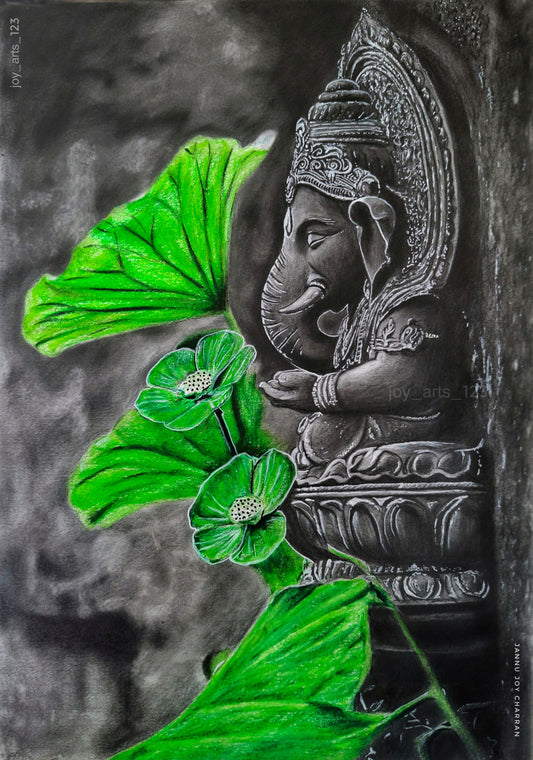 Nature’s Blessing – Lord Ganesha Charcoal Art with Botanical Accents
