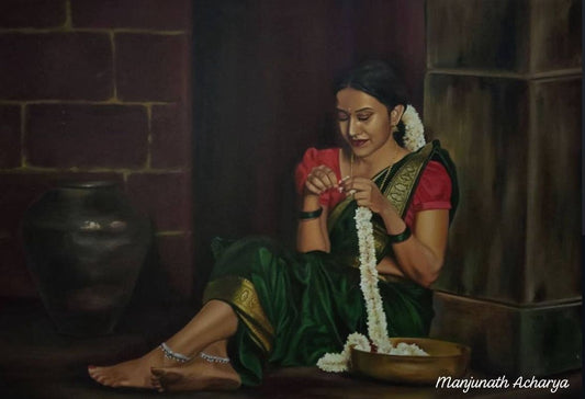 Ethereal Grace – Traditional South Indian Woman Stringing Jasmine Flowers