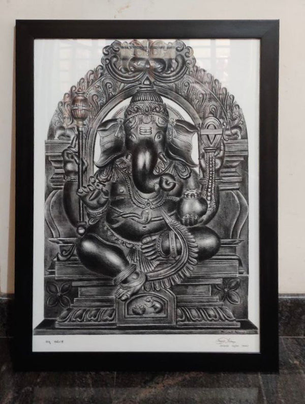 Divine Majesty – Charcoal Sketch of Lord Ganesha in Ornate Temple Frame